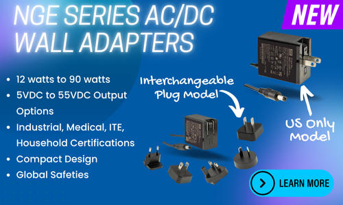 Mean Well NGE Power Supply with interchangeable plugs, listing all the features the new NGE adapters offer
