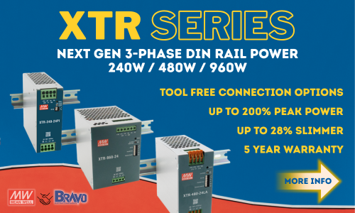 Mean Well XTR series image show casing the XTR-240, XTR-480 and XTR-960 with a blue background and yellow lettering