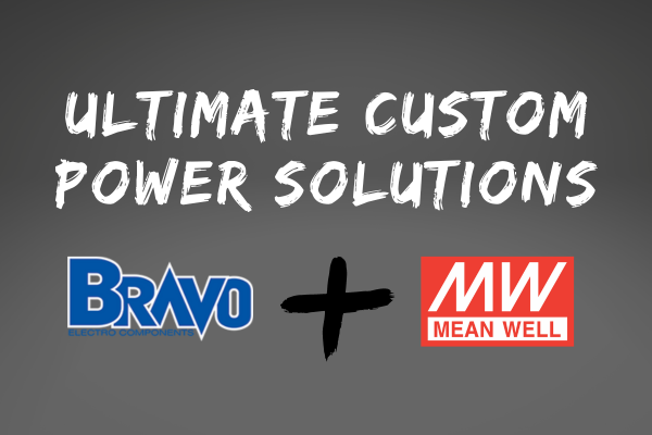 Title in picture is Ultimate Custom Power Solutions in white lettering. Under the title is the Bravo Electro blue logo with a black plus sign and the Mean Well red logo.