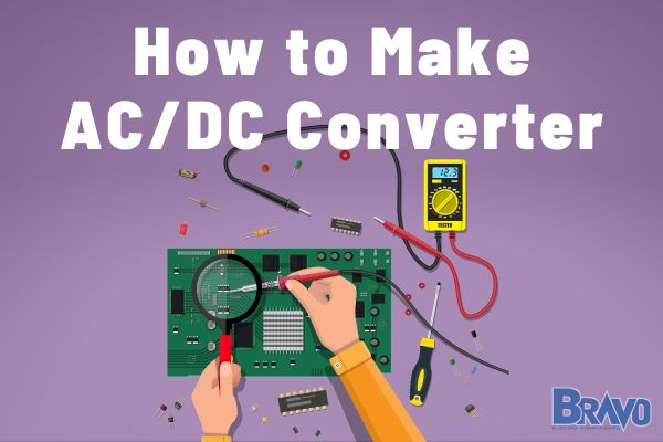 Title "How to Make ACDC Converter" in white lettering. Image below is shows someone soldering components on a pcb board.