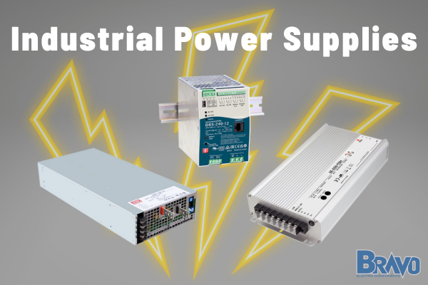 Title "Industrial Power Supplies" centered at the top in white lettering. In the background are three faded, yellow lightning bolts. In front of the lightning bolts are three industrial power supplies.