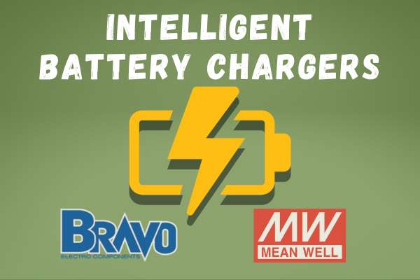Title reads Intelligent Battery Chargers in white lettering, with green background. Underneath is a yellow battery with a lightning with Mean Well and Bravo Electro logos