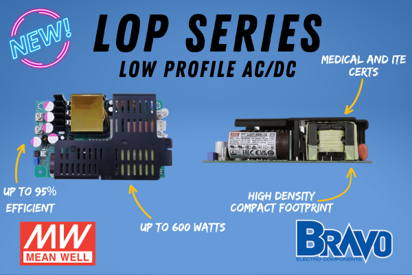 MEAN WELL LOP Series in black lettering. New symbol in the top left. Top view and side view picture of the LOP series open frame power supplies