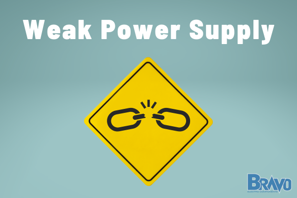 Title reads "Weak Power Supply". Picture shows a caution sign with a chain that has a broken link in the middle.