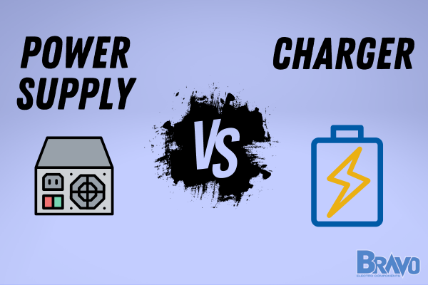Battery Charger vs Power Supply, in black lettering, purple background, with images of a power supply and battery icon with a lightning bolt