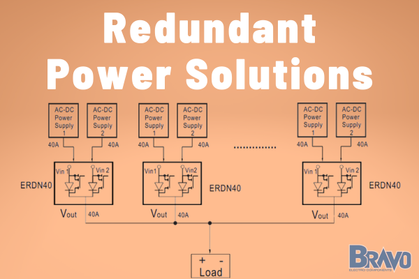 Orange background at the top is the title, Redundant Power Solutions in big white lettering. Below the title is a diagram of a 1+N redundant setup.