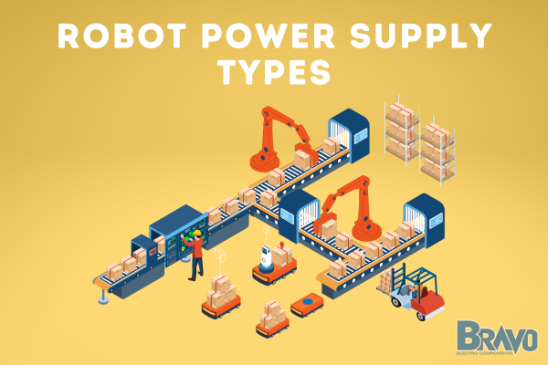 Title "Robot Power Supply Types" is centered at the top of the picture in white lettering. Under it is an image of a production line with robots picking up the boxes from a conveyer belt.