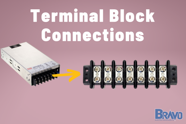 Title is Terminal Block Connections. Picture is showing a power supply with a terminal block with an arrow pointing to a zoomed in 7 position terminal block