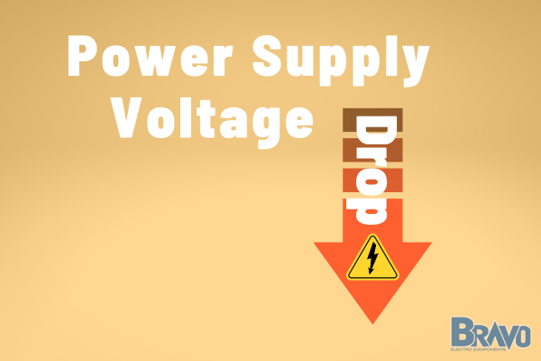 Title: Power Supply Voltage Drop in big white lettering with yellow background. The word drop looks like it's dropping with a orange arrow behind in pointing down.