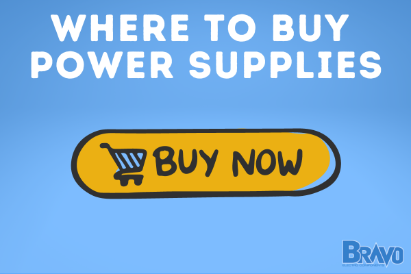 Title: "Where to Buy Power Supplies" in white block lettering. Blue Background with a yellow "Buy Now" button