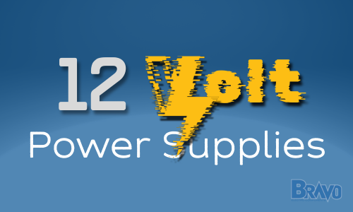 Blue background, title "12 Volt Power Supplies" in yellow and white lettering.