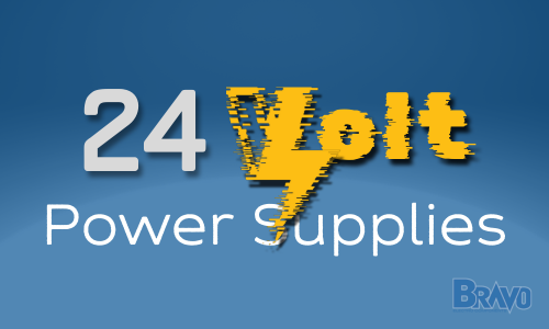 Blue background, title "24 Volt Power Supplies" in white and yellow lettering.