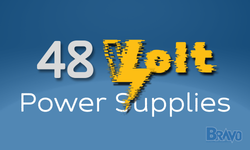 Blue background, title "48 Volt Power Supplies" in white and yellow lettering.