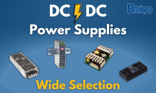 Blue background, title "DC DC Power Supplies" in white lettering. Underneath is four examples of dc-dc converters.