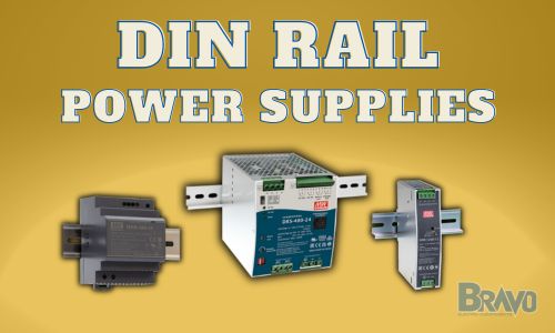 Yellow background, title: "DIN Rail Power Supplies" in white block lettering. Underneath is an image of three din rail power supplies