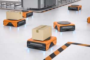picture shows warehouse robots moving around a warehouse with boxes