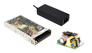 Mean Well ac/dc power supply category picture showing an enclosed power supply, external power supply and open frame power supply