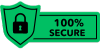 Image emphasizing payment and purchase on this website is secure.  Image shows a green shield with a lock, with words saying 100% Secure