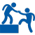 image is all in blue, shows a guy who is standing on box helping another guy up. To show support.