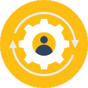 yellow circle with a gear in the middle and the outline of a person in the middle of the gear