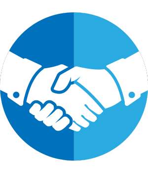 circle icon of handshake with two shades of blue