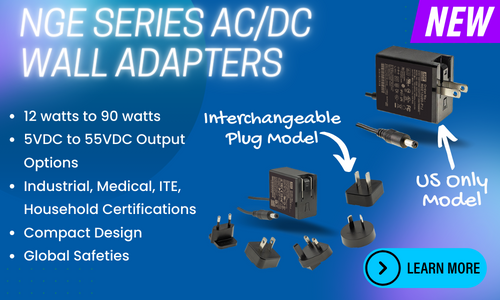 Mean Well NGE Series information card describing all the features the product offers along with pictures