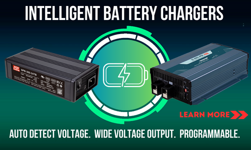 Mean Well NPB intelligent battery charger information card describing all the features the product offers along with pictures