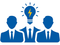 picture showing an outline of three guys in suites with the middle guy having a light bulb with a lighting bolt as a head