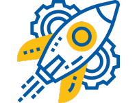 icon of blue and yellow rocket ship with two gears behind it, representing production and hitting goals taking off and 