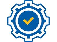icon of blue gear with yellow check mark in the middle, representing Bravo always checks safety and validate testing